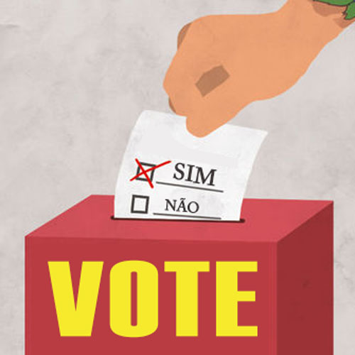 Ilustração de uma mão colocando uma cédula de votação na urna.