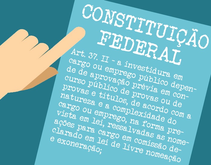 Charge: Um dedo aponta para o Inciso 2 do Artigo 37 da Constituição Federal que diz: "a investidura em cargo ou emprego público depende de aprovação prévia em concurso público de provas ou de provas e títulos, de acordo com a natureza e a complexidade do cargo ou emprego, na forma prevista em lei, ressalvadas as nomeações para cargo em comissão declarado em lei de livre nomeação e exoneração;"