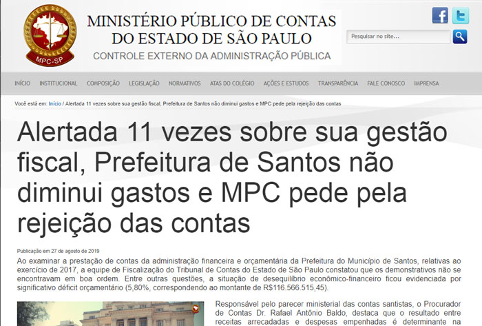 Imagem do site do MPC com a notícia