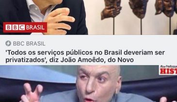 Manchete de uma reportagem da BBC Brasil com o título: 'Todos osserviços públicos no Brasil deveriam ser privatizados', diz João Amoêdo, do Novo.