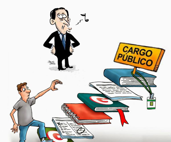 Charge: No primeiro plano uma pessoa tenta subir degraus de livros, diplomas e cadernos para chegar em "Cargo público". De fundo está Paulo Alexandre assobiando e fingindo que não vê.