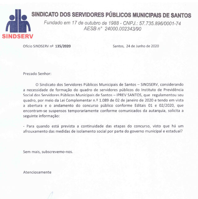 Imagem do ofício pedindo andamento ao concurso público do IPREV Santos