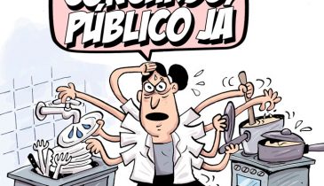 Charge: Cozinheira fazendo mil funções ao mesmo tempo e gritando "CONCURSO PÚBLICO JÁ!"