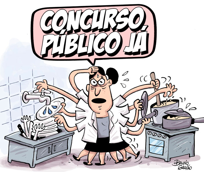 Charge: Cozinheira fazendo mil funções ao mesmo tempo e gritando "CONCURSO PÚBLICO JÁ!"