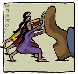 Charge adaptada do Eneko onde mulheres seguram uma sola de sapato que as tenta esmagar