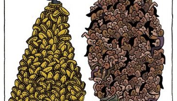 Charge de Eneko chamada "Desigualdad": de um lado uma pessoa de terno em cima de uma montanha de dinheiro e de outro lado uma montanha de pessoas de equilibra em uma única moeda de dinheiro.