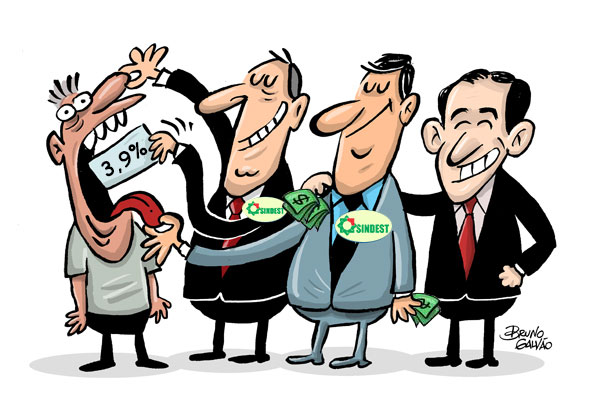 Charge: Paulo Alexandre pagando adicionais para diretores do Sindest enquanto os mesmos enfiam goela abaixo dos servidores o reajuste de 3,9%