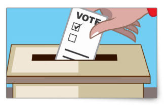Ilustração de uma mão colocando uma cédula de votação na urna.