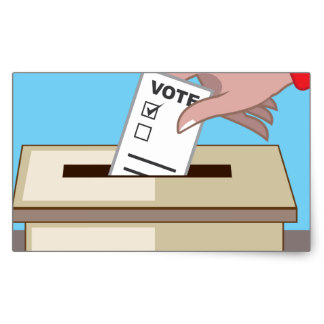 Ilustração de uma mão colocando uma cédula de votação na urna.
