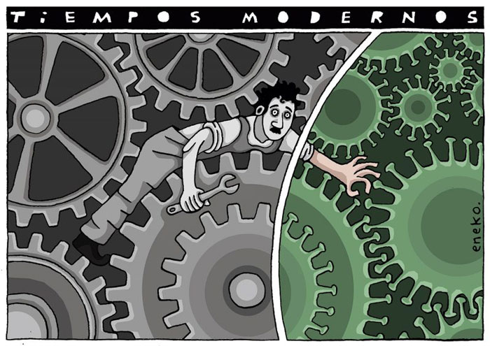 Charge do Eneko onde mostra a cena clássica do Chaplin no meio das engrenagens, mas parte das engrenagens são os representadas pelo Coronavírus