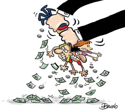 Charge com braços gigantes espremendo servidores e caindo dinheiro.